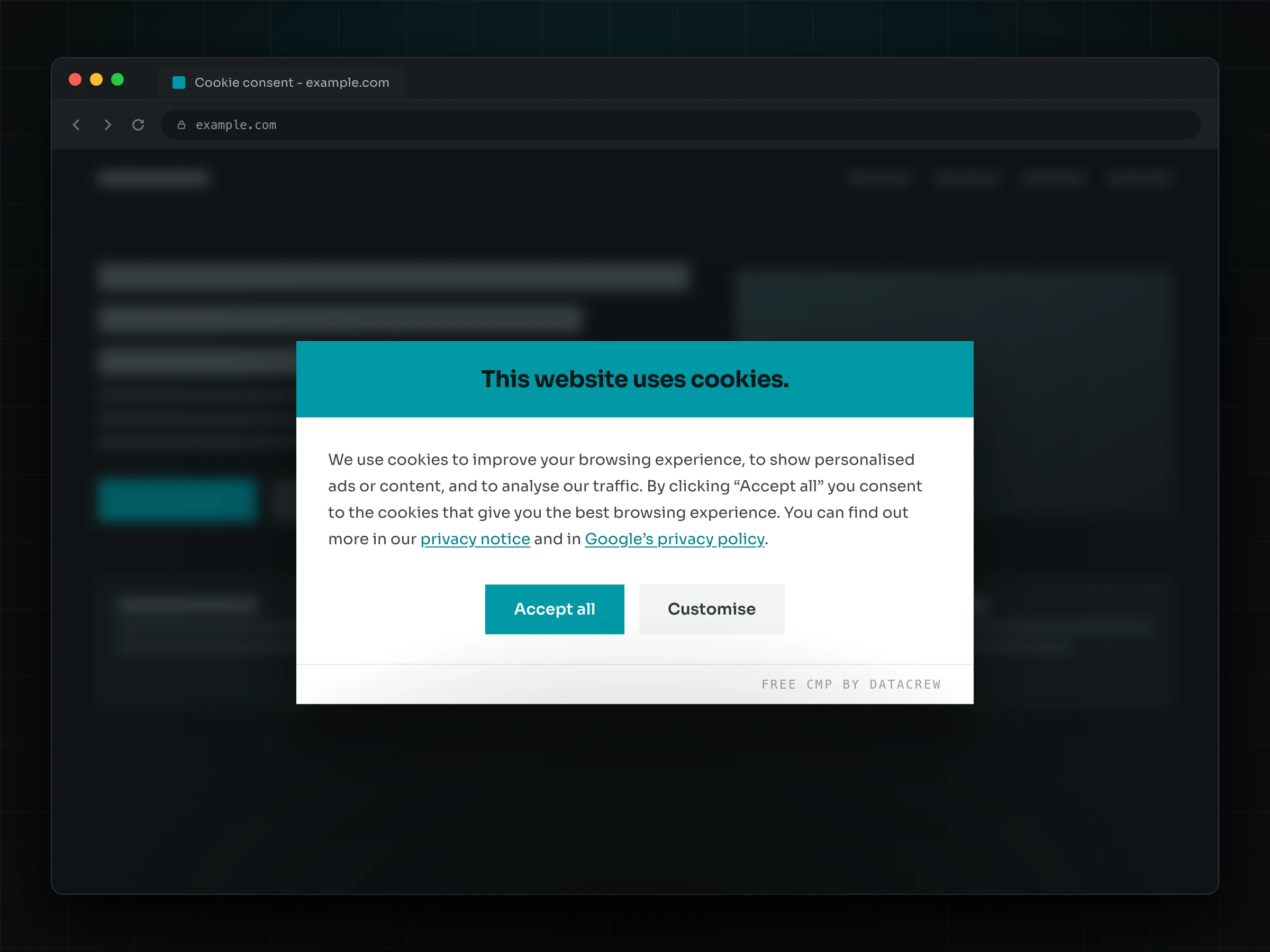 The DataCrew Free CMP consent bar on a website: a teal header reading “This website uses cookies.”, the cookie notice text, an Accept all and a Customise button, and the Free CMP by DataCrew label at the bottom.