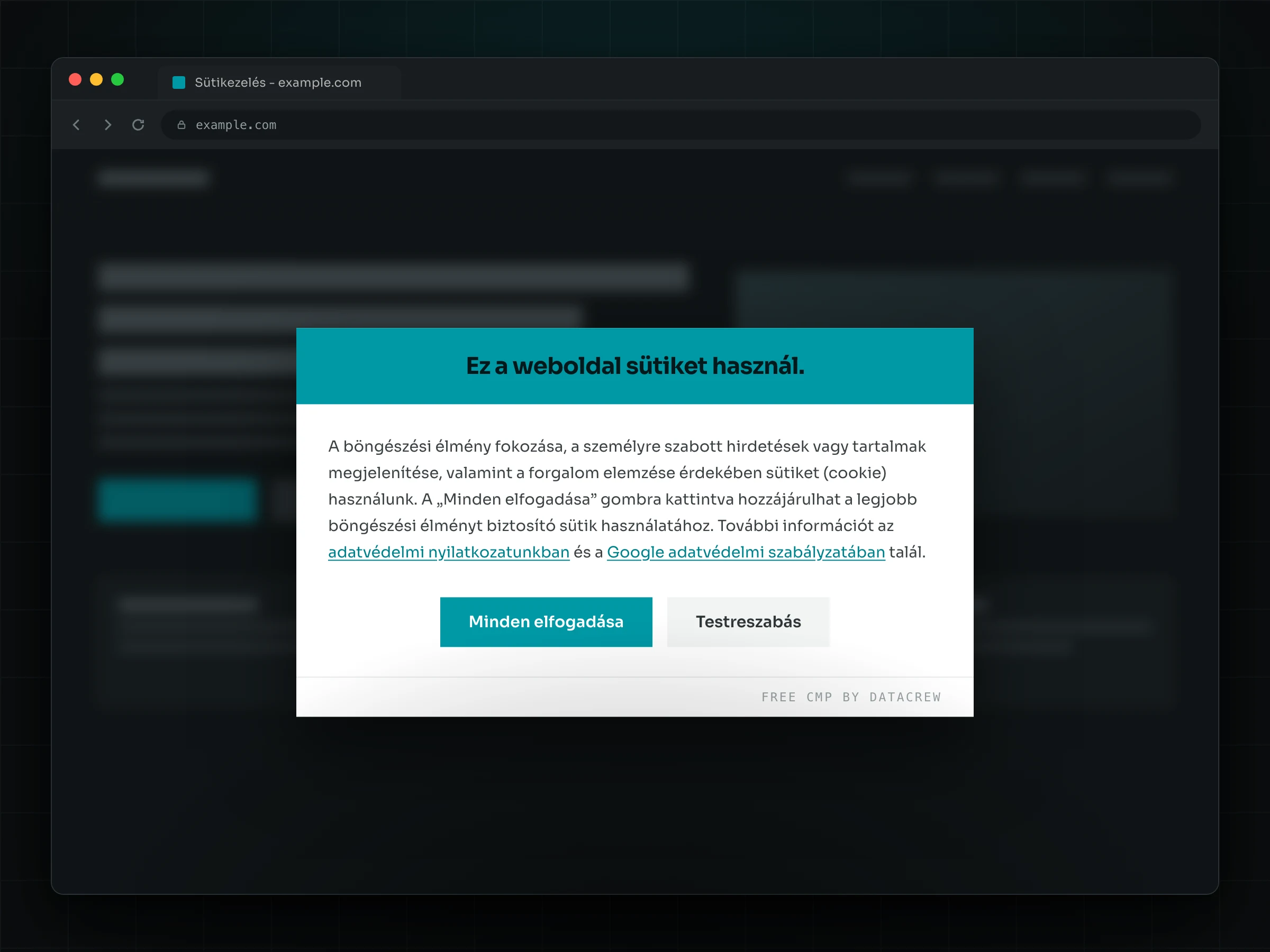 A DataCrew Free CMP consent bar egy weboldalon: teal fejléc a „Ez a weboldal sütiket használ.” címmel, a sütitájékoztató szöveg, a Minden elfogadása és a Testreszabás gomb, alul a Free CMP by DataCrew felirat.