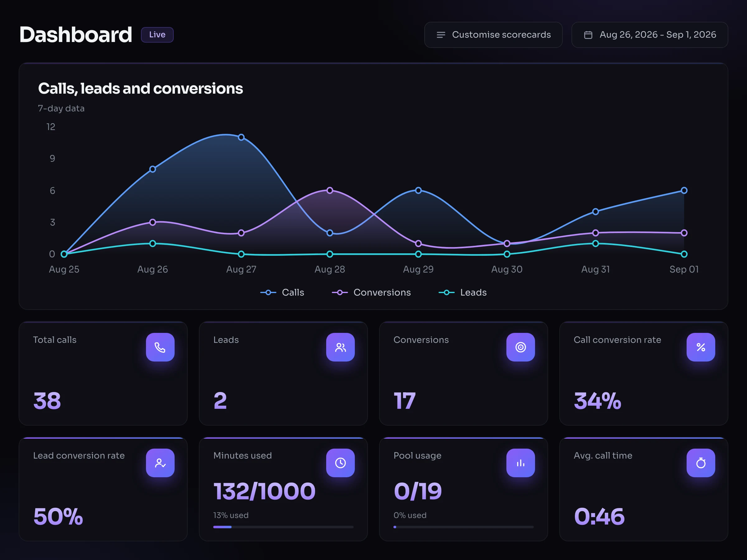 The Phonevert dashboard: a daily chart of calls, leads and conversions next to scorecards for call volume, conversions and conversion rates.